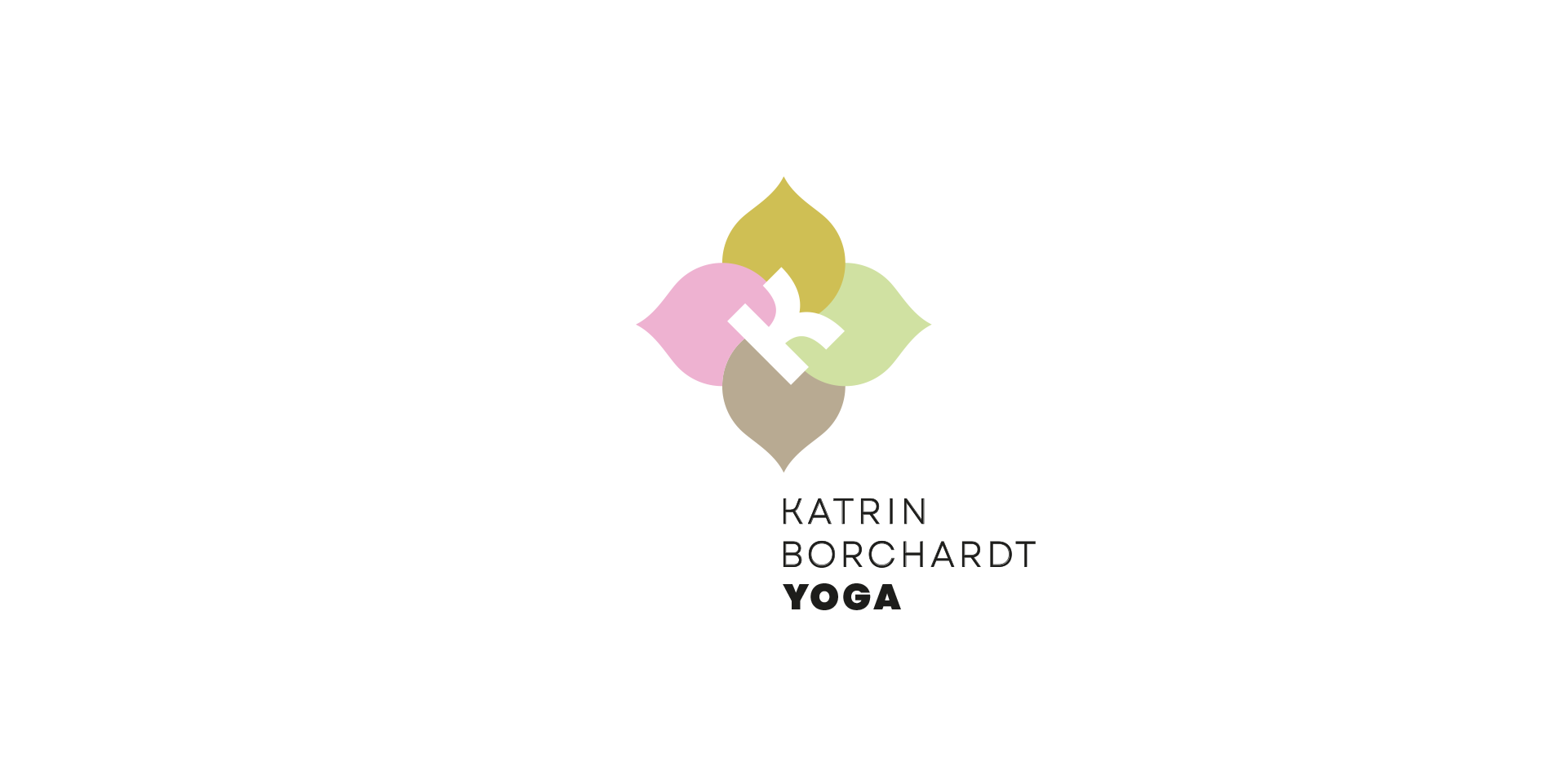 Vierfarbiges Logo von THIS IS JUJU für Katrin Borchardt Yoga mit der Wortmarke „Katrin Borchardt YOGA“; vier Blätter in CI-Farben, zentrales „K“ in Weiß.